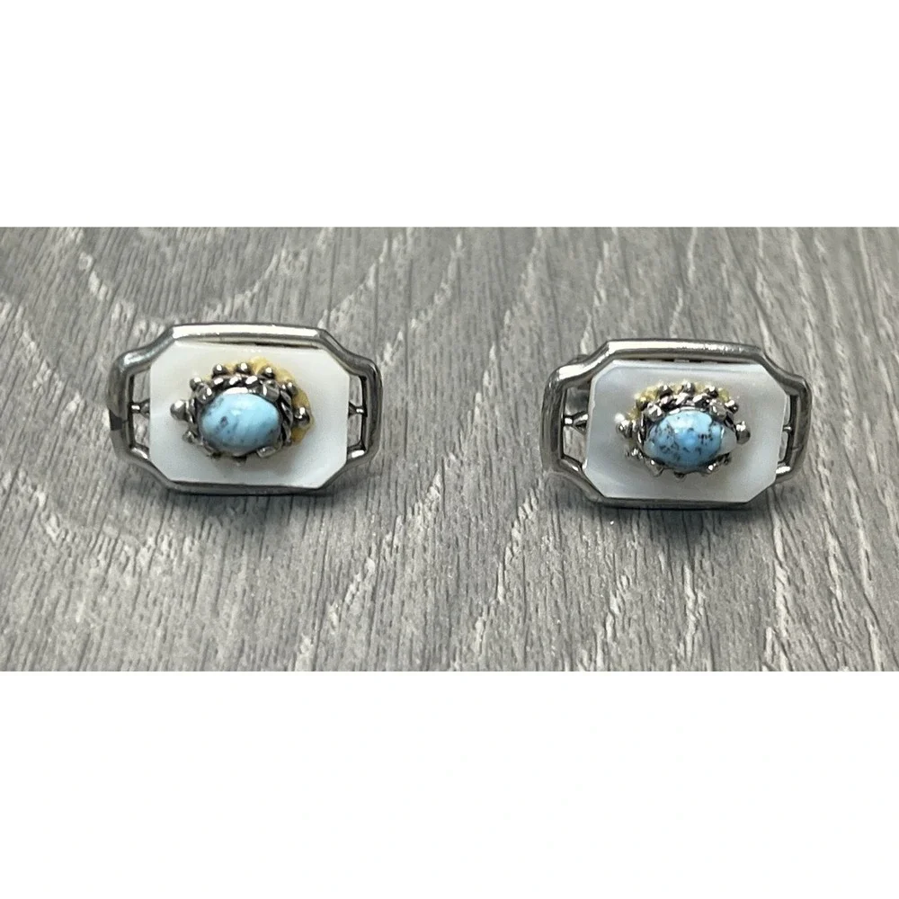 Vintage White & Turquoise Color Cabochon Silver Tone Cufflinks Fashion Jewelry